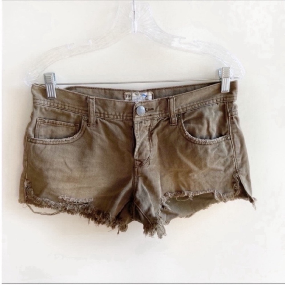 Free People shorts army green distressed denim cut offs button fly